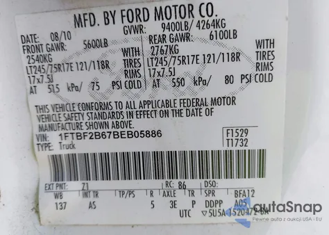 2011 Ford F250 Super Duty from USA, damaged, VIN 1FTBF2B67BEB05886